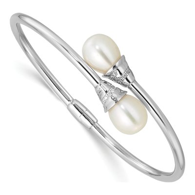 Sterling Silver Freshwater Cultured Pearl & CZ Hinged Bangle Bracelet