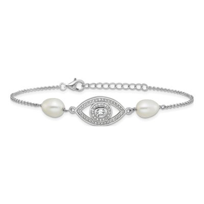 Sterling Silver Freshwater Cultured Pearl & CZ Evil Eye Bracelet – view 3