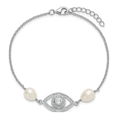 Sterling Silver Freshwater Cultured Pearl & CZ Evil Eye Bracelet – view 4