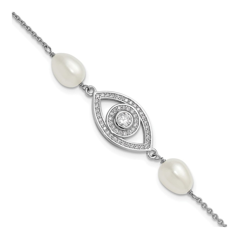 8 Inch Sterling Silver Rhodium-Plated 6-8mm Teardrop White Freshwater Cultured Pearl And Cz Evil Eye 7 Inch With 1 Inch Extender Bracelet with Lobster Clasp