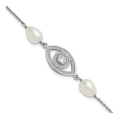 Sterling Silver Freshwater Cultured Pearl & CZ Evil Eye Bracelet