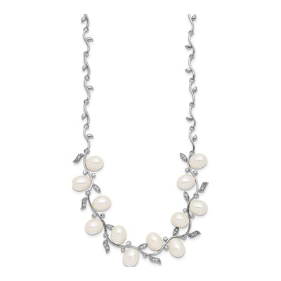 Sterling Silver Freshwater Cultured Pearl & CZ Leaf Necklace – view 2
