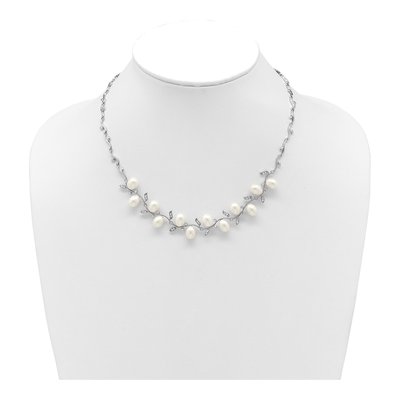 Sterling Silver Freshwater Cultured Pearl & CZ Leaf Necklace – view 3