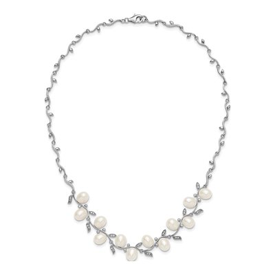 Sterling Silver Freshwater Cultured Pearl & CZ Leaf Necklace – view 4