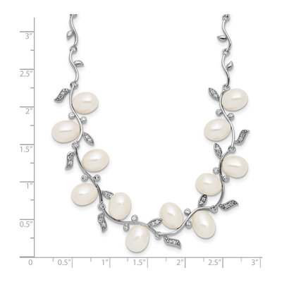 Sterling Silver Freshwater Cultured Pearl & CZ Leaf Necklace – view 5