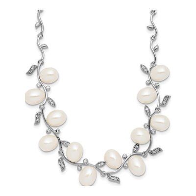 Sterling Silver Freshwater Cultured Pearl & CZ Leaf Necklace