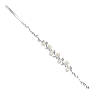 Sterling Silver Freshwater Cultured Pearl & CZ Leaf Bracelet – view 2