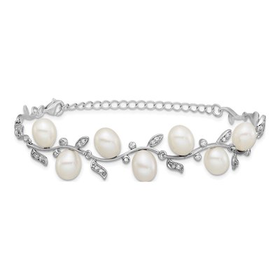 Sterling Silver Freshwater Cultured Pearl & CZ Leaf Bracelet – view 3