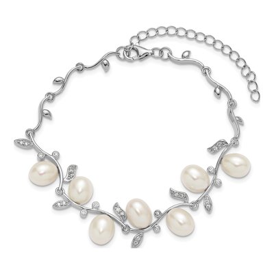 Sterling Silver Freshwater Cultured Pearl & CZ Leaf Bracelet – view 4