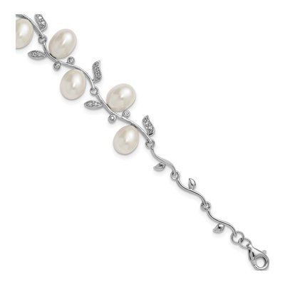 Sterling Silver Freshwater Cultured Pearl & CZ Leaf Bracelet