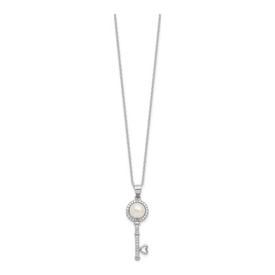Sterling Silver Freshwater Cultured Pearl & CZ Key Necklace – view 2