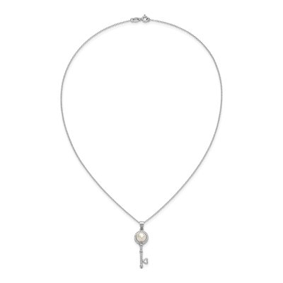 Sterling Silver Freshwater Cultured Pearl & CZ Key Necklace – view 4