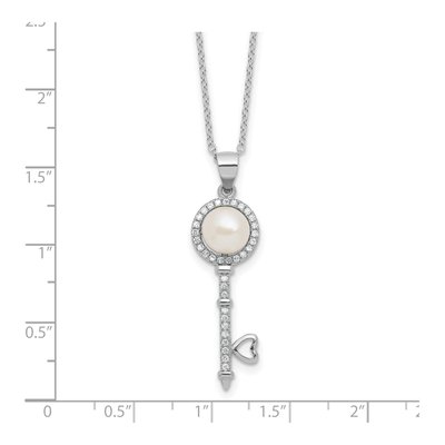 Sterling Silver Freshwater Cultured Pearl & CZ Key Necklace – view 5