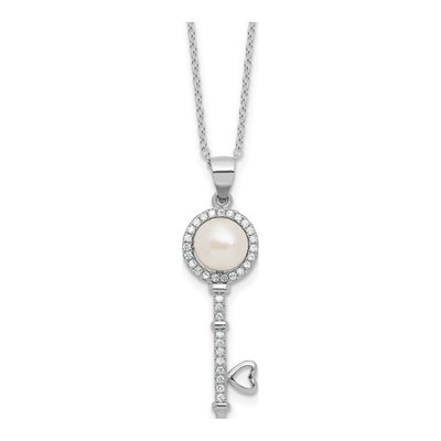 Sterling Silver Freshwater Cultured Pearl & CZ Key Necklace