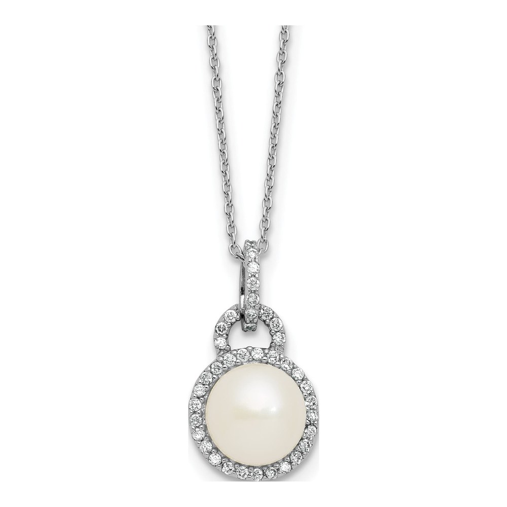 Sterling Silver Rhodium-Plated 9-10mm Button White Freshwater Cultured Pearl And Cz Halo 17 Inch Necklace with Spring Ring Clasp