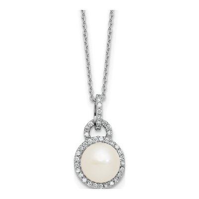 Sterling Silver Freshwater Cultured Pearl & CZ Halo Necklace