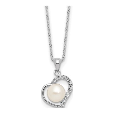 Sterling Silver Freshwater Cultured Pearl & CZ Heart Necklace