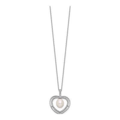 Sterling Silver Freshwater Cultured Pearl & CZ Open Heart Necklace – view 2