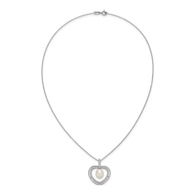 Sterling Silver Freshwater Cultured Pearl & CZ Open Heart Necklace – view 4
