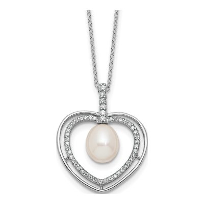 Sterling Silver Freshwater Cultured Pearl & CZ Open Heart Necklace
