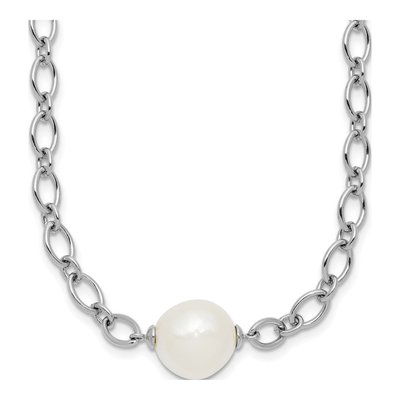 Sterling Silver Freshwater Cultured Pearl Semi-Round Center Open Link Cable Necklace