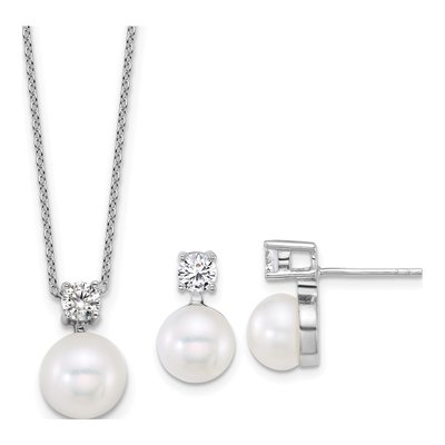 Sterling Silver Pearl & CZ Necklace Earring Set