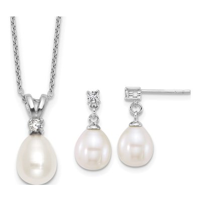 Sterling Silver Pearl & CZ Necklace & Earring Set