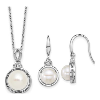 Sterling Silver Pearl & CZ Necklace Earring Set