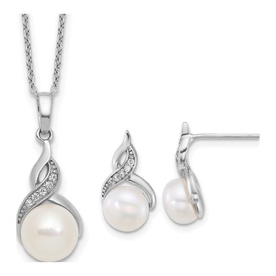 Sterling Silver Pearl & CZ Necklace and Earring Set