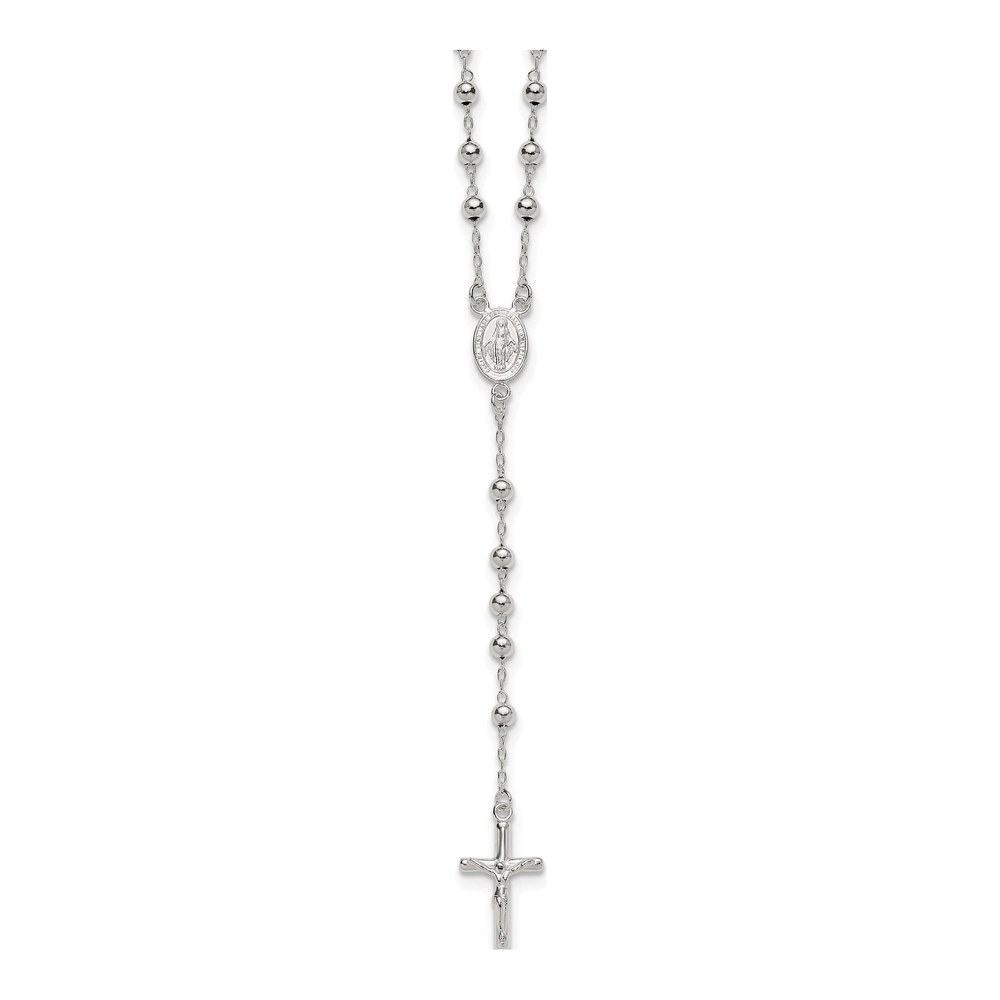 Sterling Silver Polished And Beaded Rosary 24 Inch Necklace with Spring Ring Clasp