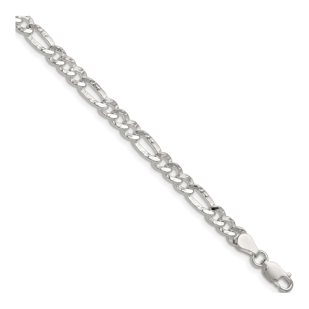 7 Inch Sterling Silver 4.75mm Hammered Figaro Chain Bracelet with Lobster Clasp