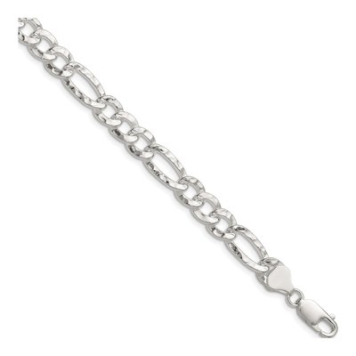 Sterling Silver 7.6mm Hammered Figaro Chain Bracelet