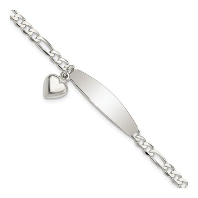 Sterling Silver Figaro Heart Dangle ID Bracelet