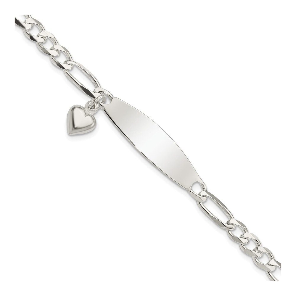 Sterling Silver Figaro Heart Dangle ID Bracelet
