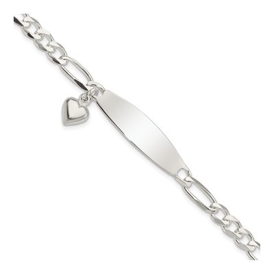 Sterling Silver Figaro Heart Dangle ID Bracelet