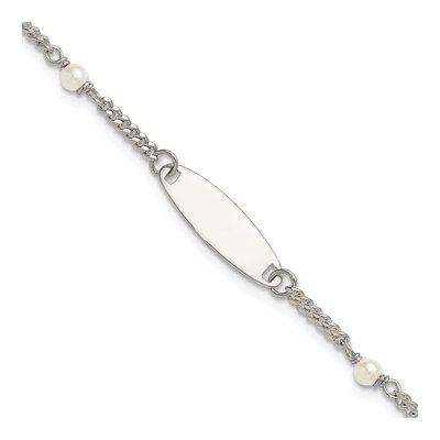 Sterling Silver Simulated Pearl Curb ID Bracelet