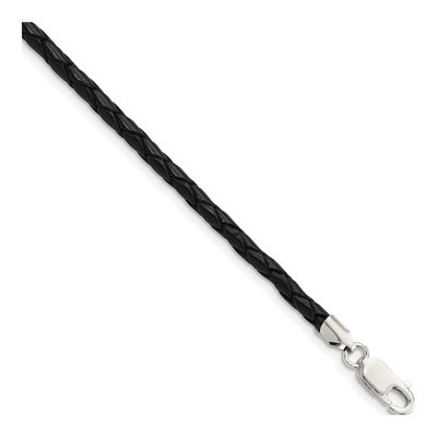 Sterling Silver Black Leather Braided Necklace