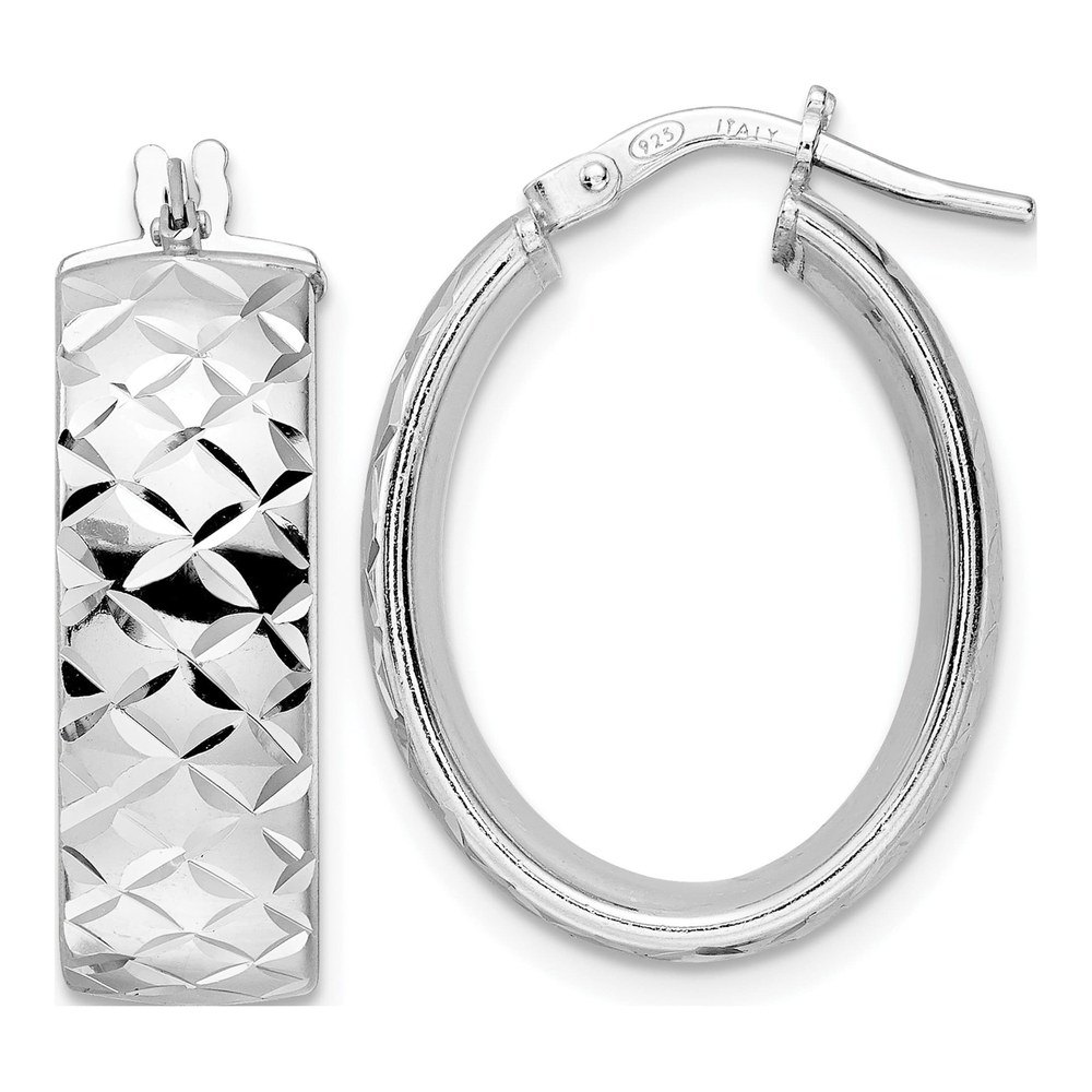Sterling Silver Diamond-Cut Oval Hoop Earrings