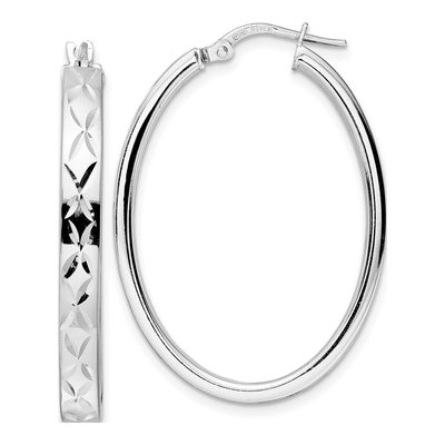 Sterling Silver Diamond-Cut Oval Hoop Earrings