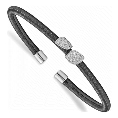 Sterling Silver Ruthenium CZ Leaf Cuff Bracelet