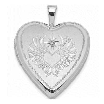 Sterling Silver 1/20 ct tw Diamond Wings Heart Locket