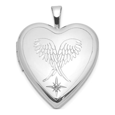 Sterling Silver 1/20 ct tw Diamond Wings Heart Locket