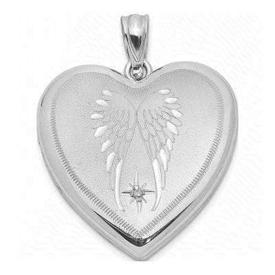 Sterling Silver 1/20 ct tw Diamond Wings Heart Locket