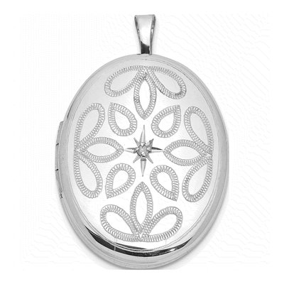 Sterling Silver 1/20 ct tw Diamond Leaf Oval Locket
