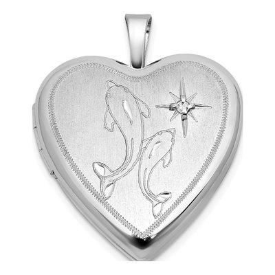 Sterling Silver 1/20 ct tw Diamond Two Dolphins Heart Locket