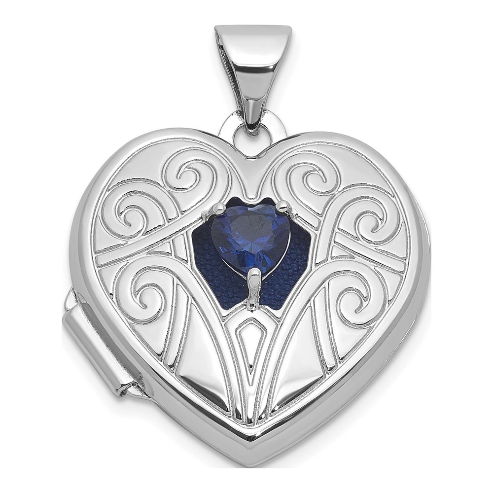 Sterling Silver Rhodium-Plated Lab Created Sapphire September Birthstone 18mm Heart Locket