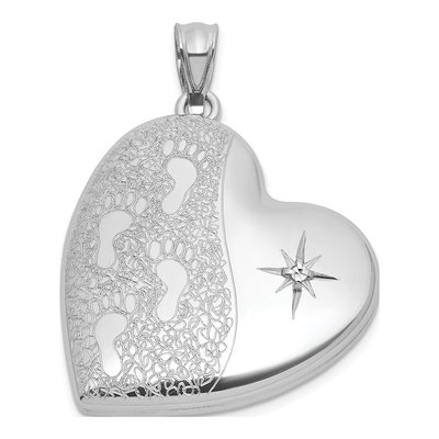 Sterling Silver 1/20 ct tw Diamond Footprints Heart Locket