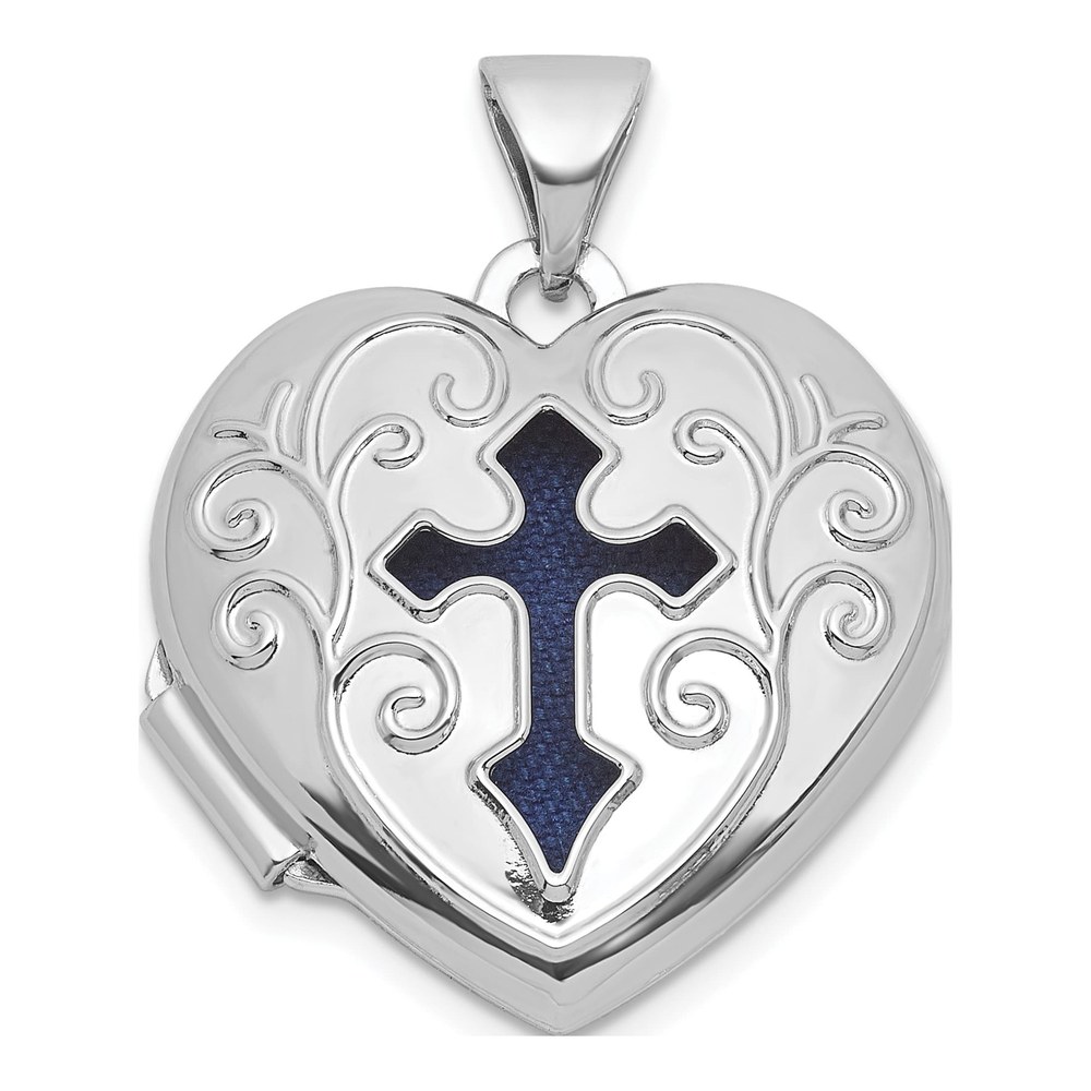 Sterling Silver Rhodium-Plated Open Cross With Blue Fabric Interior 18mm Heart Locket