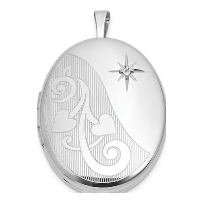 Sterling Silver 1/20 ct tw Diamond Heart Swirl Oval Locket