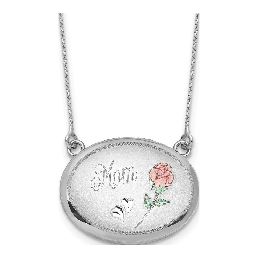20.75 Inch Sterling Silver Rhodium-Plated Brushed/polished Pink And Green Epoxy Mom Rose 18.75 Inch With 2 Inch Ext. 20mm Oval Locket Necklace with Lobster Clasp